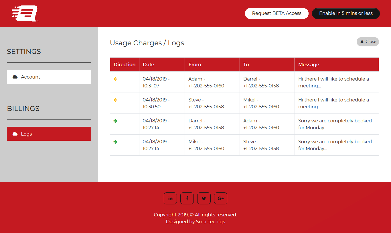 start texting dashboard logs view